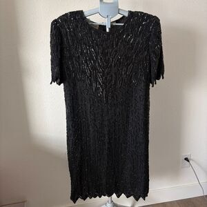 VTG Laurence Kazar‎ Dress 1X Black Silk Beaded Sequin Short Sleeve Scallop Hem